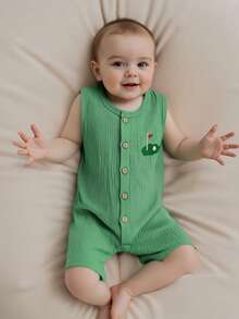 Newborn Infant Baby Boy Golf Clothes Golf Embroidery Sleeveless Summer Romper Overalls Round Neck Button Down Bodysuit Jumpsuit Casual Baby Summer One Piece Outfit - Green - View 4
