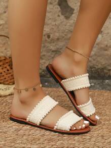 Teenagers/Students New Minimalist Fashion Comfortable Strap Slides Sandals, Lightweight Casual Slippers For Travel Holiday Beach, Beige And Black