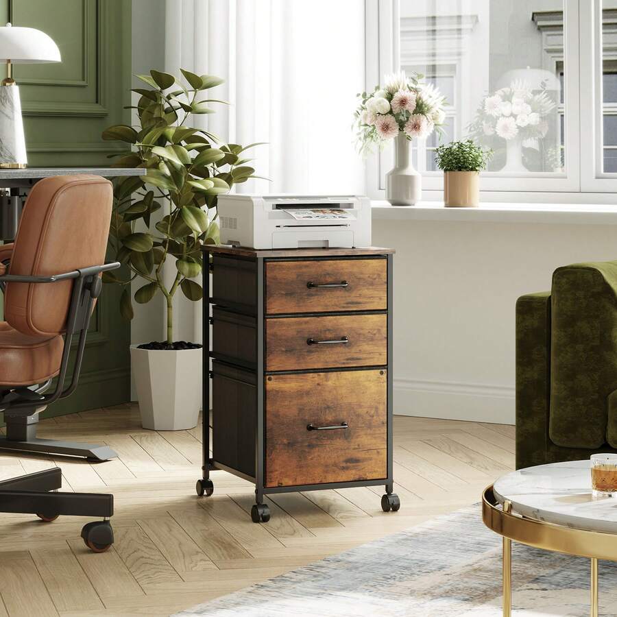 File Cabinet Mobile 3-Drawer Rolling Printer Stand For Home Office With Fabric Vertical Filing System, Fits A4 Or Letter Size