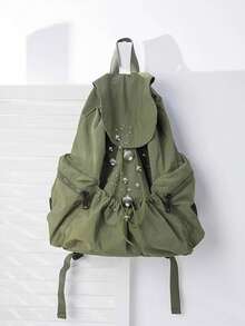 New Stylish Drawstring Backpack, Large Capacity, Casual Student Backpack For Men & Women, Water-Washed Fabric - Army Green - View 5