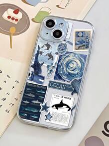 1 pieza de Funda suave y transparente contra huellas dactilares con patrón estético de collage de ballena, medusa y tortuga de tema oceánico veraniego compatible con 16 ProMax/16/16 Pro/16 Plus/11/15/15 Pro/15 ProMax/12/13/14 ProMax/XS/XR/11 Pro/11 ProMax/12 Pro/12 ProMax/13 Pro/13 ProMax/7 Plus/14 Pro/14 ProMax/14 Plus/7 Plus/8 Plus/8/SE 2/12 Mini/13 Mini, antiamarillamiento