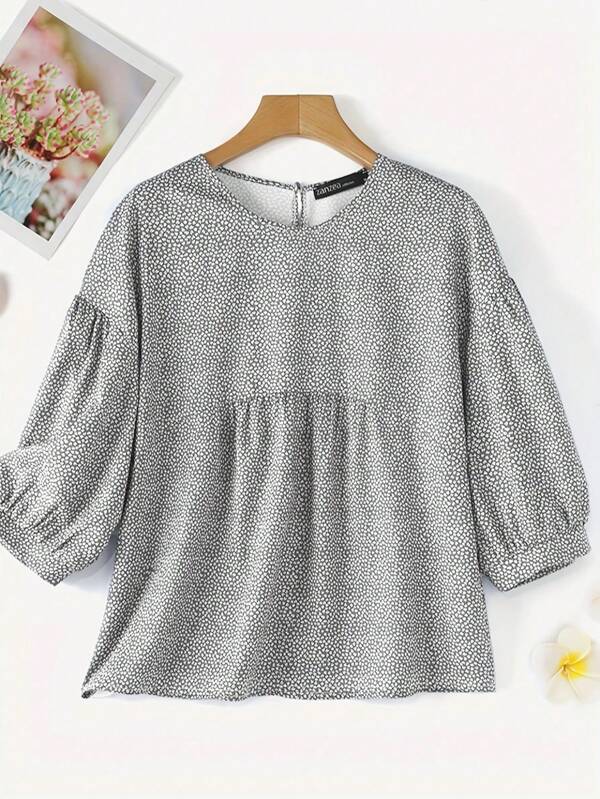 Plus Size Women's Full Print Round Neck Lantern Sleeve Fashion Blouse