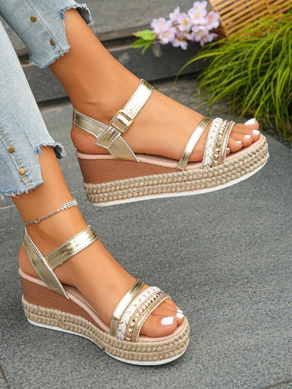 Plus Size Women's Platform Wedge Sandals, New Summer Fashion Elegant Bohemian Style Gold Rivet Woven Thick Bottom High Heel Sandal, Suitable For Daily Wear, Vacation, Work Commute, Comfortable & Versatile