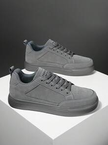 Men's Classic Versatile Solid Color Leather Panel Comfortable Lace-Up Flat Sneakers, Niche Fashion Outdoor Casual Commuting Walking Sports Shoes - Grey - View 3