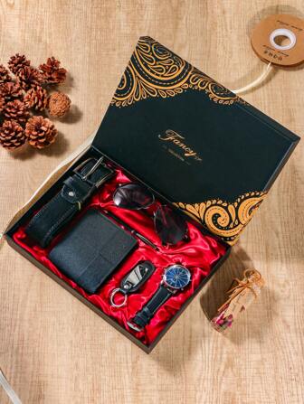 7-Piece Business Gift Set, Exquisite Watch+Summer Sunglasses+High Quality Leather Belt+Selected Wallet+Signature Pen+Keychain+Exquisite Gift Box, Father's Day Gift For Boys And Dad's Party Birthday Gift Christmas And Valentine's Day Gifts