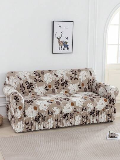 1pc Ruffled Elastic Sofa Cover, Soft & Comfortable, Printed Stretch Furniture Protector, Multiple Sizes Available