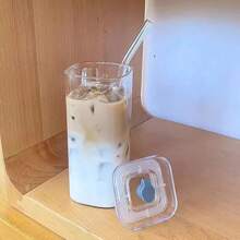 1pc Aesthetically Square Lid Straw Heatproof Glass Cup, Portable High Borosilicate Milk, Coffee, Juice Cup, Large Capacity Square Mouth Glass Water Bottle