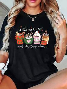 Camiseta de cuello redondo con estampado de alegría navideña y café de manga corta de algodón negro de 180 g para mujer - Elegante camiseta con gráfico navideño para amantes del café y entusiastas de la Navidad - Moda informal y cómoda para mujer - Negro - Ver 1
