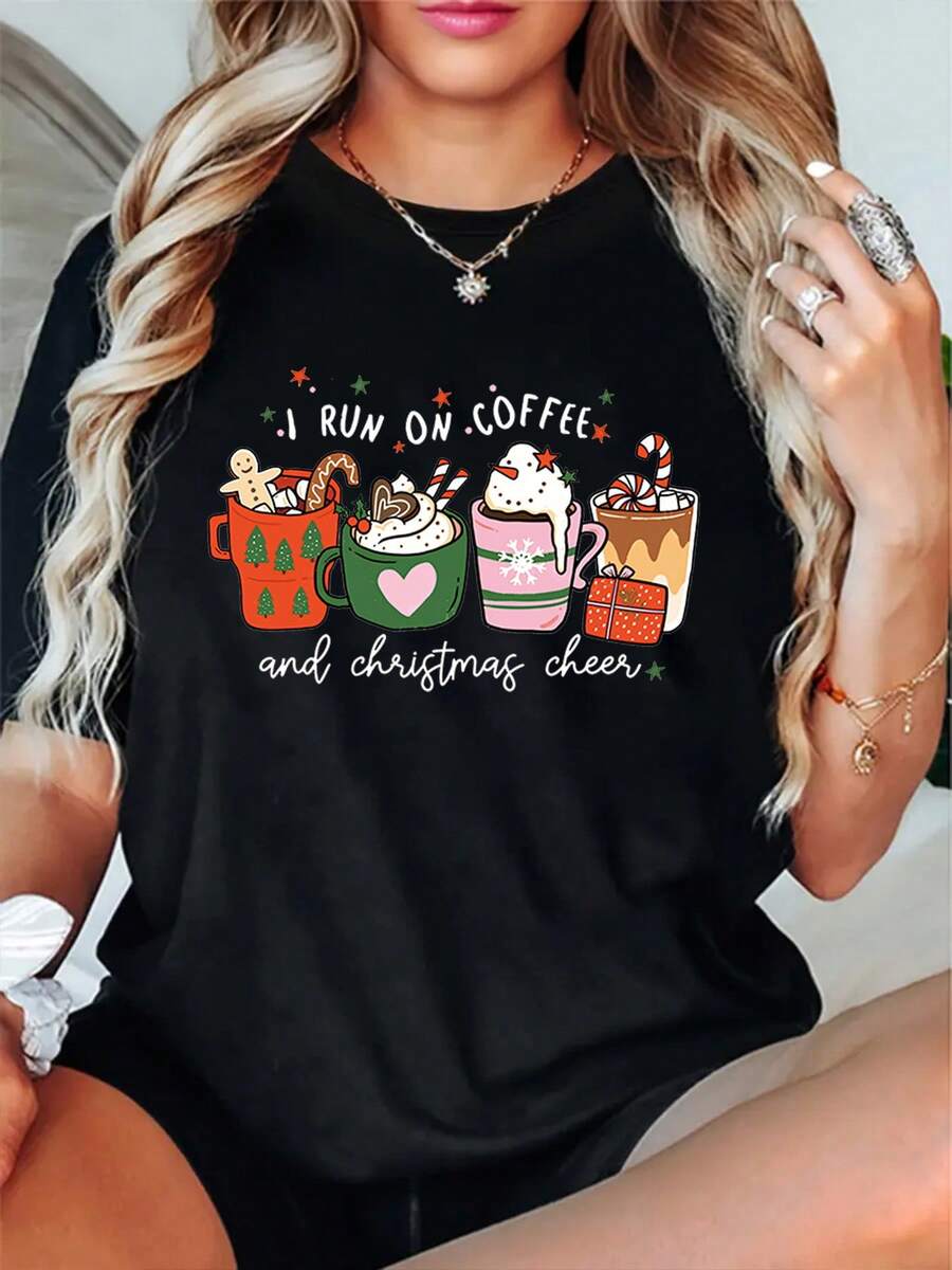 Camiseta de cuello redondo con estampado de alegría navideña y café de manga corta de algodón negro de 180 g para mujer - Elegante camiseta con gráfico navideño para amantes del café y entusiastas de la Navidad - Moda informal y cómoda para mujer - Negro - Ver 1