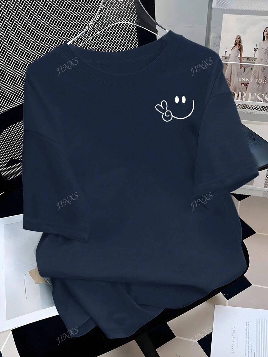 女式夏季 Y2K 几何图案纯色圆领短袖休闲宽松 T 恤
