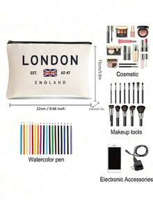 London Est. Ad 47 England Cosmetic Bag, Urban Geometric Pattern, Large Capacity, Zipper Closure, Machine Washable, Multi-Purpose Fashion Handbag For Women - View 8