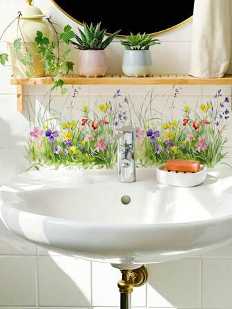 Flower & Grass Decor Adhesive Wall Sticker For Bathroom, Refrigerator, Living Room, Bedroom