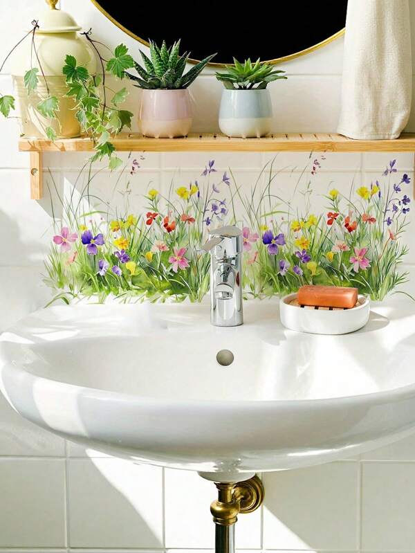 Flower & Grass Decor Adhesive Wall Sticker For Bathroom, Refrigerator, Living Room, Bedroom