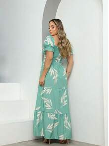 Women's Dress All-Over Print Leaf Boho Fabric Ruffle Hem Ruffled Ruched Long Beach Evening Birthday Party Baby Shower Garden Photoshoot - Hijau - View 2