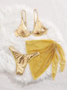 3pcs/Set Solid Color Sexy Backless Reflective Swimsuit Set, Beach Wear