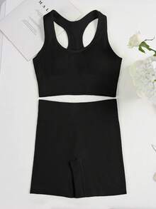 Women's Sports Bra Sets GYM Bras And Leggings Combination Comfortable Steel-Free U-Neck Low-Rise - Black - View 5