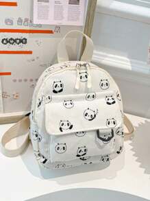 1 pieza Mochila a rayas de unicolor de pana con estilo y sencilla, mochila pequeña fresca, sencilla y dulce con estampado de panda de dibujos animados, apertura y cierre con cremallera, correas de hombro ajustables cómodas y versátiles, adecuada para todas las ocasiones, para uso al aire libre, juego, transporte