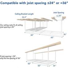 3x8 Overhead Garage Storage Rack,Adjustable Garage Storage Organization Systerm,Heavy Duty Metal Garage Ceiling Storage Racks,600lbs Weight Capacity,Black - White - View 3