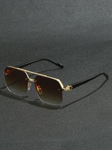 1 Pair Men's Metal Geometric Semi-Rimless Dual-Bridge Casual Fashion Glasses For Vacation And Leisure For Summer Beach Vacation,Outdoor,Travel