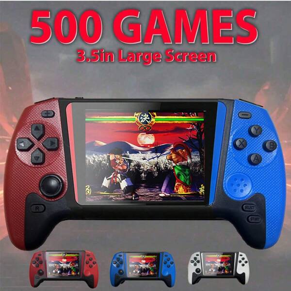 Q21 Tragbare Handheld-Spielekonsole mit 500 Retro-Spielen, 3,5" HD-Bildschirm, aufladbarem Akku und Anschluss an den Fernseher (im klassischen rot-blauen/blauen/roten/weißen Farbschema)