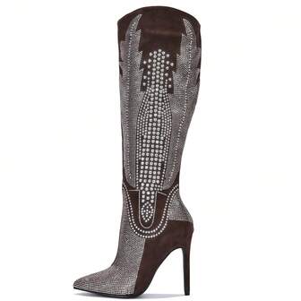 Olkley Rhinestone Knee-High Cowboy Boots For Women – Western Wide Calf Dress Boots With Stiletto Heels