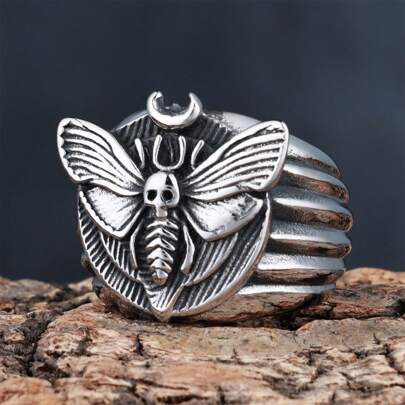 1 pezzo Anello gotico in acciaio inossidabile di alta qualità vintage con teschio, farfalla e falena, impermeabile, per uomo