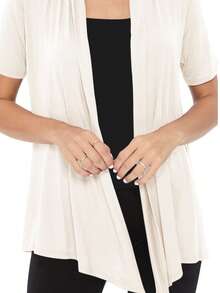 Casual Solid Short Sleeve Open Front Draped Cardigan For Office & Everyday Wear - Ivory - View 5