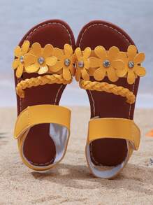 1 paire de sandales de plage mode pour adolescentes roses, en matériau PU souple et unicolore, avec décoration florale brillante, design à bande avec fermeture , bout rond, confort plat, sandales romaines mignonnes, convient aux filles de 3 à 15 ans, pour un usage quotidien, la plage, nouveautés d'été