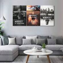 Set de 3 înrămate Mindset Is Everything Citate inspirate Pânză Artă Pictură Postere imprimate pentru living modern, baie, dormitor, hotel, apartament, vilă, galerie, cameră pentru copii, creșă, grădiniță, sală de clasă, studiu, coridor, studio, home office Decor gata de agățat