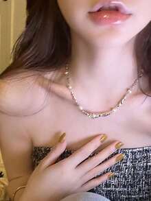 Pearl Zirconia Clavicle Chain Unique Minimalist Necklace, Stylish Elegant Versatile Daily Wear Jewelry For Women - Silver - View 7