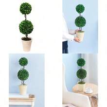 D7x22H TwoTiered Faux Boxwood Sphere Topiary In Cream Pot - Green + Plastic1 - View 1