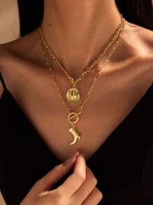 Western Ocean Jewelry Set - Shell & Heart Layered Chain With Faux Pearl Coating | Cowboy Boot Inspired Accessories For Daily/Parties/Gifting