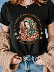 Our Lady Of Guadalupe Praying For USB - Soft Polyester, Casual Fit, Round Neck, Short Sleeve Women's T-Shirt With Intricate Floral Print Design - Machine Washable, Ideal For Summer - màu đen - Xem 2
