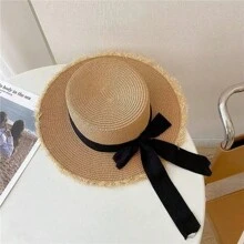 1 pieza Sombrero de playa para mujer, sombrero de paja de borde ancho con moño en la parte superior, sombrero de sol protector para viajes. Si el sombrero está ligeramente comprimido al recibirlo, consulte las instrucciones de cuidado para su restauración adecuada.