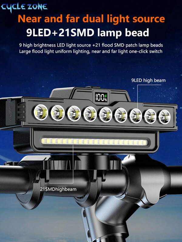 Faro de bicicleta con 9 LED + 21 SMD, con haz alto/bajo, iluminación intensa, bocina y timbre súper fuertes, recargable, instalación resistente y antivibratoria