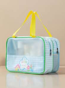 1pc Cartoon & Plaid Transparent PVC Toiletry Bag, Double Layer Dry-Wet Separation Organizer Bag, Waterproof For Travel & Swimming