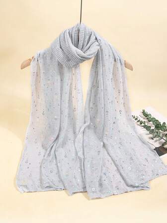 1件装女士轻薄纯色亮片头巾，中东风格头巾，装饰围巾/披肩，适合日常穿着。