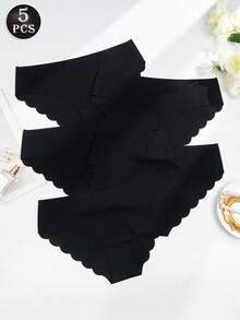 5 chiếc/gói Quần lót bikini gợi cảm không đường may, viền bèo nhún, thoải mái, thoáng khí, màu trơn, đồ lót thiết yếu mặc hàng ngày cho phụ nữ - màu đen - Xem 10