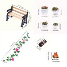 Miniatura de banco de parque realista para casa de muñecas, maceta de flores, fuego, decoración de madera y enredadera, accesorios para escena de sala de estar, exterior, dormitorio, modelo colgante de pared, escena del hogar en miniatura DIY, regalo coleccionable para aficionados y entusiastas de los pasatiempos