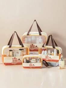 1pc Cartoon Plaid Transparent PVC Cosmetic Bag, Double Layer Wet & Dry Separation Travel Makeup Organizer, Waterproof