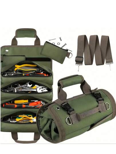1pc CRILANO Heavy-Duty Roll-Up Tool Bag - Waterproof Oxford Cloth Organizer For Mechanics, Electricians, Carpenters & More - Durable, Portable & Stylish Industrial Gear With Multiple Compartments, Tool Storage Organizer