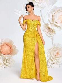 ADYCE 优雅亮片夏季女士魅力露肩美人鱼腰长款缎面开衩露背正式礼服，奶油黄色，正式晚礼服，适合盛大晚宴、婚礼宾客 - 黃色 - 查看 3