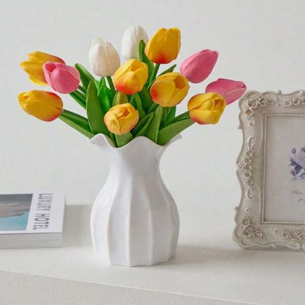 1pc Ceramic Look Plastic Vase White Unbreakable Vase For Tulips Roses Flowers Home Decor, Living Room, Table(Cannot Hold Water)