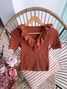 Blusa modal  manga curta gola V com babados moda feminina - Castanho - Visão 1