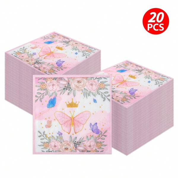 [20 Stücke/Pack] Einweg Papier Servietten mit Schmetterlings-Motiv - hergestellt aus Zellstoff, 16,5cm x 16,5cm/ungefaltete 33cm x 33cm, öl- und wasserbeständig, geprägt mit Anti-Schichtungs-Verfahren, mit rosafarbener Krone/Farbverlauf blau-lila Schmetterling/Rosen-Blumendrucke, geeignet für Hochzeitsdessert-Buffets, Geburtstagsbuffets, Firmenevent, luxuriöse nordische Stil Tischdecken & Kuchentabletts, tragbare Einzelverpackung (jedes Pack 80g) (lila/rosa)