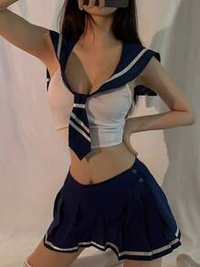 1 Set Contrast Color Cosplay Outfit, Sexy Intimate Wear, Undressed Sailor Uniform With Tie, Seductive Anime Character Costume, Suitable For Spring/Summer/Autumn/Winter Halloween