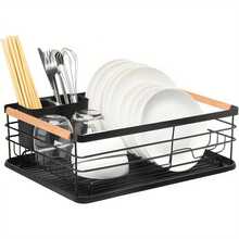 Dish Drainer Rack With Removable Drip Tray - Large Space Saving Kitchen Drying Rack For Plates, Bowls & Cutlery - Rust-Proof Metal Frame With Wooden Handles (BLACK) - Black - View 1