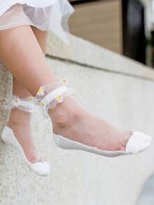 5 Pairs Lace Trim Daisy Floral Net Breathable Children Socks, Spring/Summer - Multicolor - View 3