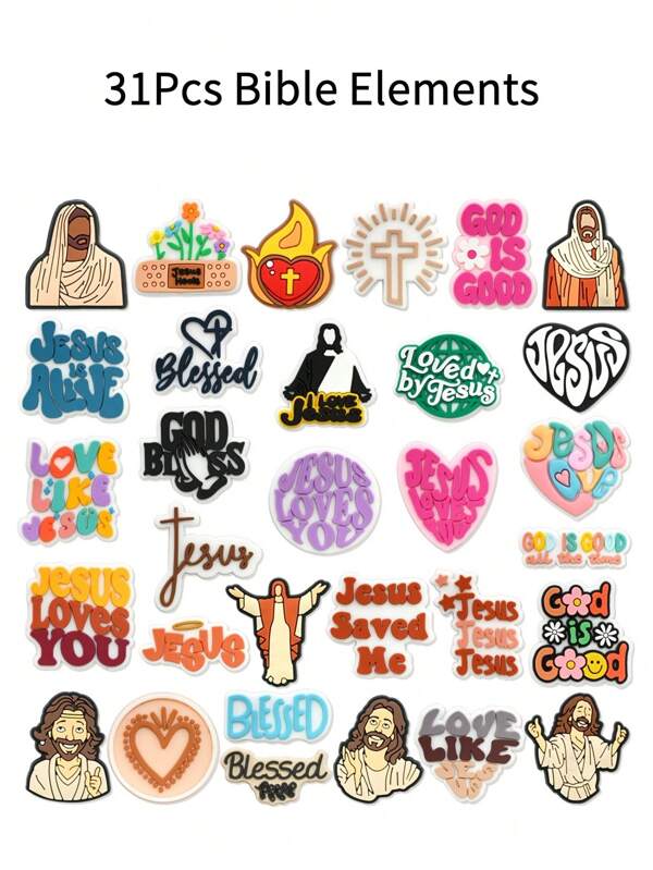 31 pièces Éléments de la Bible Charms pour chaussures, sabots, sandales, décoration ; mignons charms de boucle de chaussure, accessoires d'épingle à sabot pour enfants, filles, garçons, cadeaux de fête, cadeaux, cadeaux de fête des mères