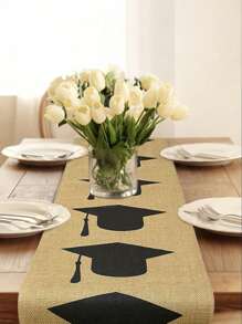 1pc Rustic Burlap Table Runner, Graduation Theme, Suitable For Party, Room Decor